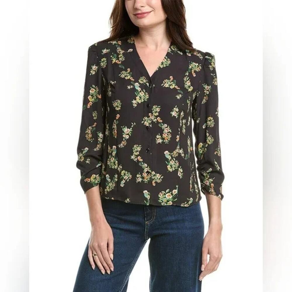 Cabi Ovation Top Womens Small Black Floral Style 4534 V Neck NEW Button Front